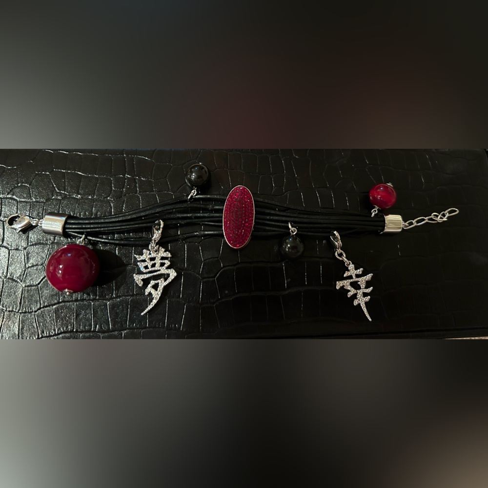 Vintage Swarovski crystal, Chinese symbol, Black and Red stone Women's bracelet.